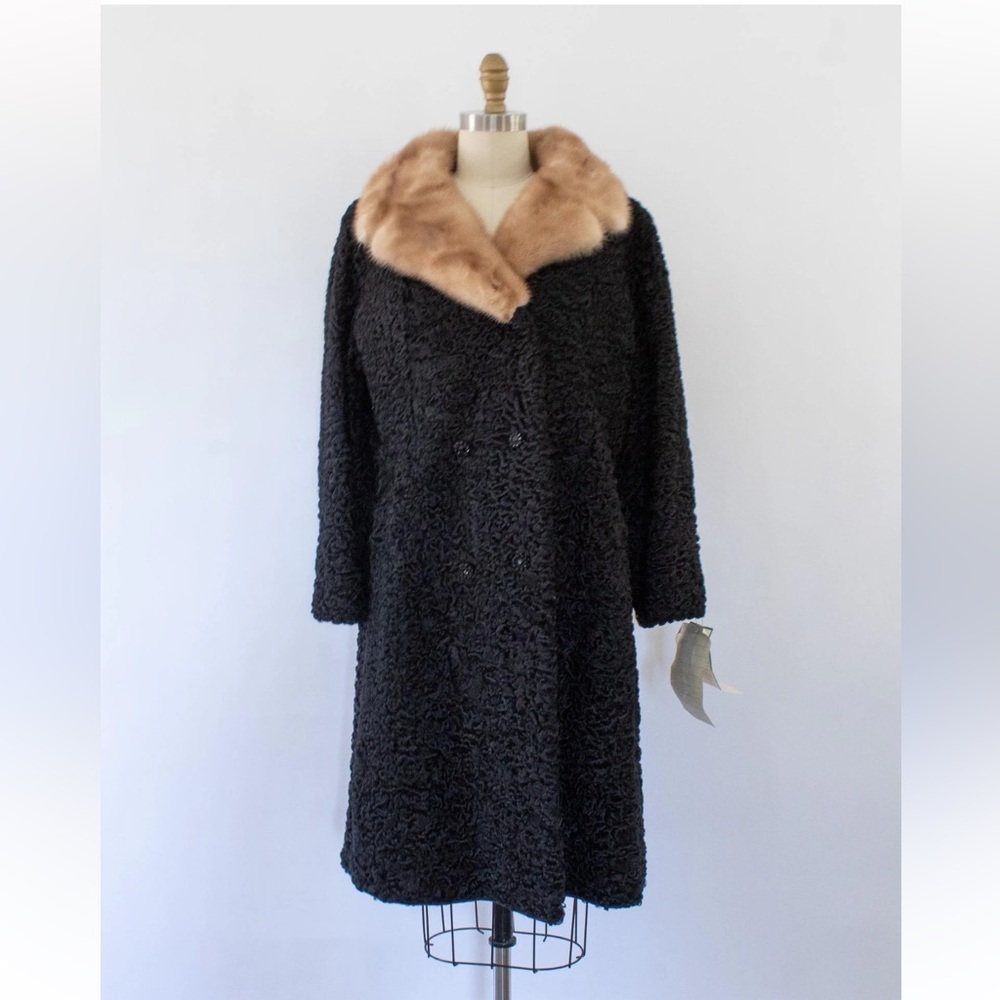 Vintage 50s/60s Black Persian Lamb Fur Coat with Genuine Mink Collar XL